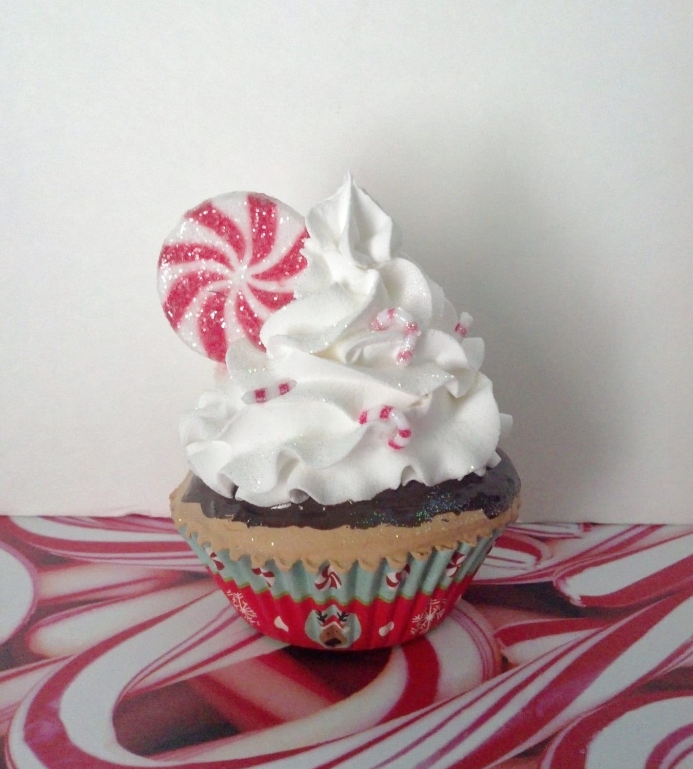 Chocolate Candy Cane Fake Cupcake, Christmas Cupcake Photo Props, Holiday Decorations, Party Displays, Secret Santa Gifts, Home Decor