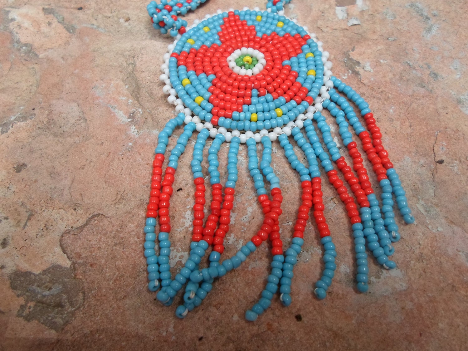 Folk Art Seed Bead Native American Star Pendant Necklace