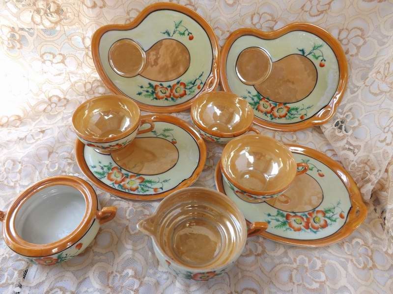 Peach Lusterware Bone china tea set Orange Poppies Made in Japan