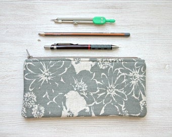 Linen Pencil pouch pencil case Back to school minimal floral grey gray Zen style
