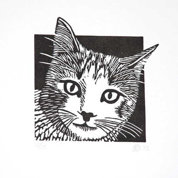 Linocut animals cat poes animal linocut hand printed wall