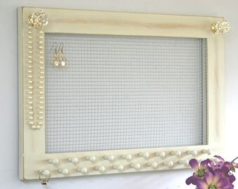 Jewelry Holder Earring Holder Large Frame Wall Hanging Jersey Cream Crystal Knobs Earrings Necklaces Knob