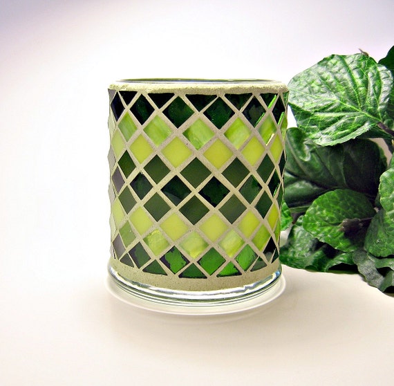 Stained glass mosaic votive candle holder olive green celery