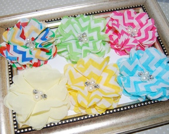CLEARANCE: Chiffon Flowers - Chevron Prints- You Pick Colors with rhinestones & pearl centers (12 pcs) Whitney shabby 2.5"