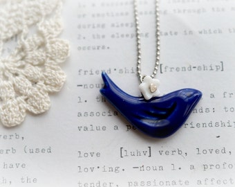 Navy Blue Ceramic Dove with White Flower Necklace