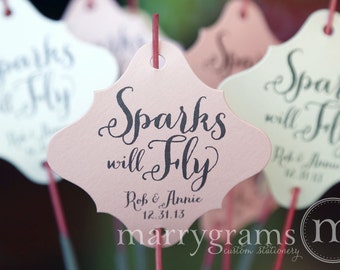 Wedding Sparkler Tags - Sparks will Fly Send Off - Wedding Favor Tags Script Custom with Names and Date -Silver, Pink, Gold (24 / 36ct) SS02