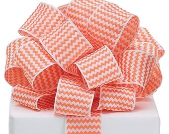 5YDS x 1-1/2" Orange & White ZIG ZAG Print Lines Wired Edge Fabric Ribbon