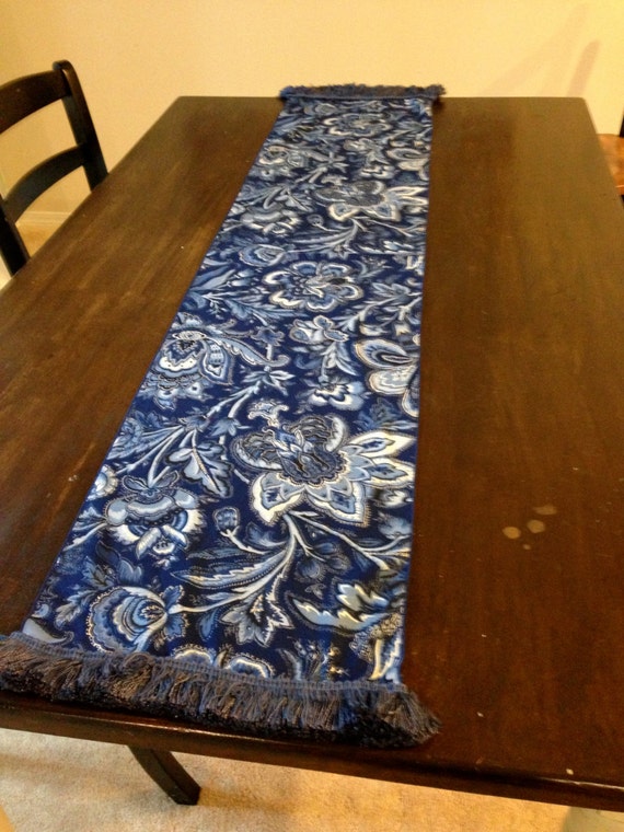 Blue Paisley Table Runner With Fringed Edges