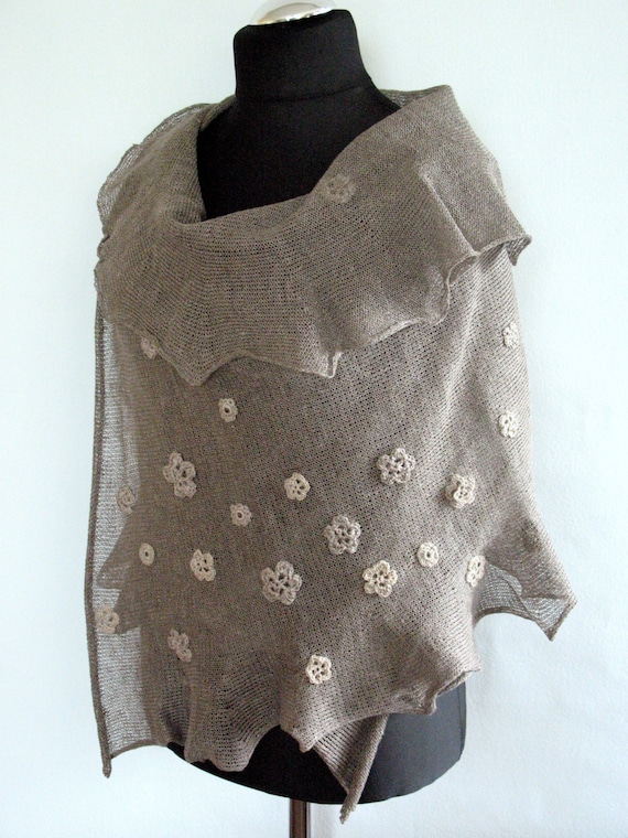 Linen Scarf Natural Gray Shawl Wrap Stole with Crocheted Flower