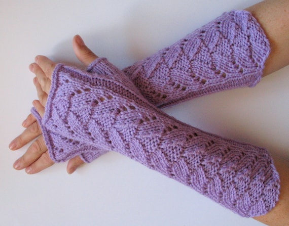 Long Fingerless Gloves Purple Violet Arm Warmers Mittens Soft Acrylic
