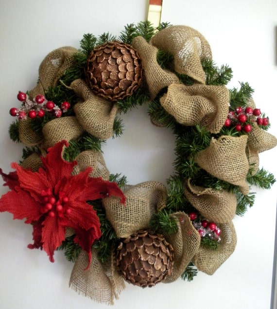 Burlap Christmas woodlands wreath with pinecones poinsettia