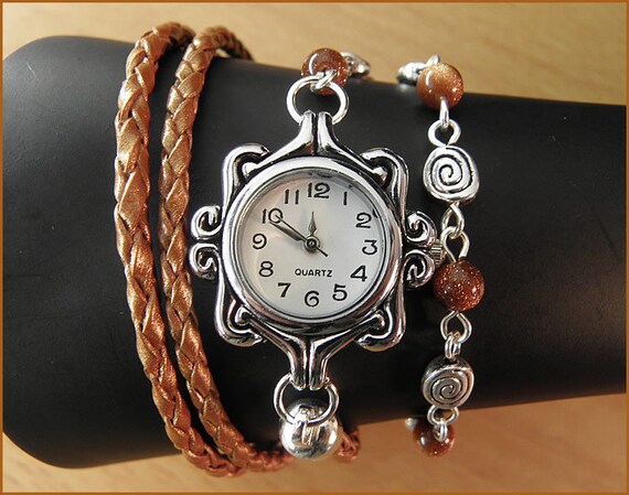women wrist watch leather bracelet gem cognac silver