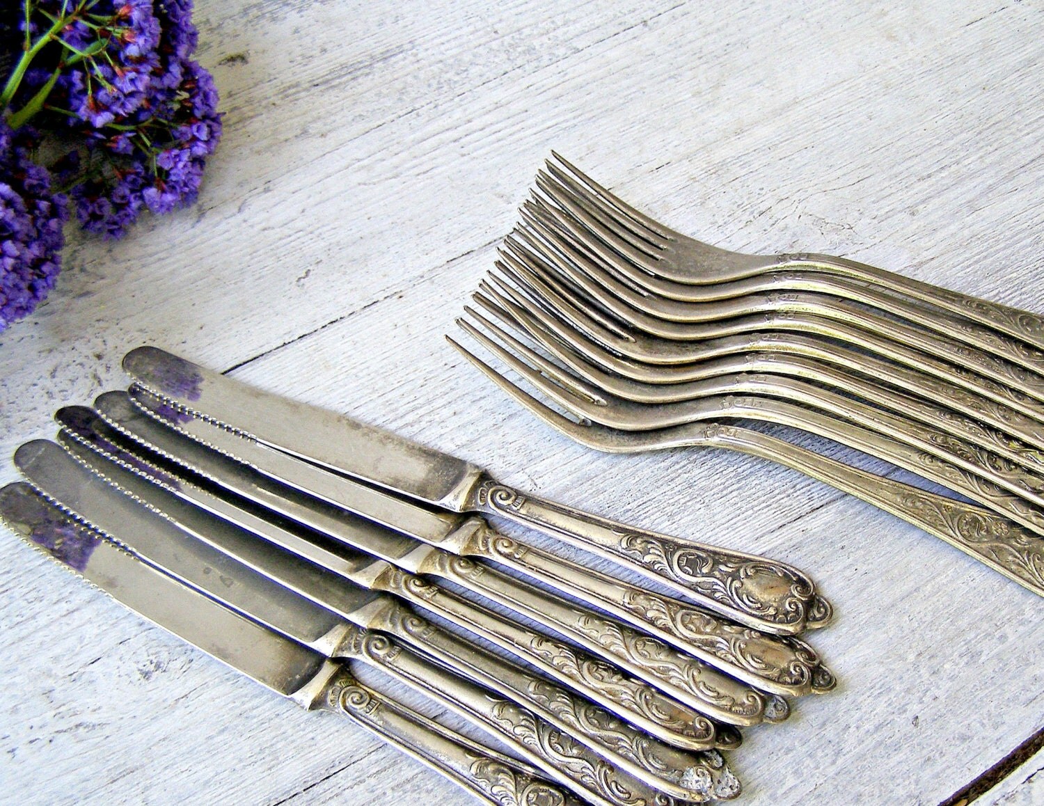 Antique 800 Silver German Forks and Knives set of 16, Victorian style