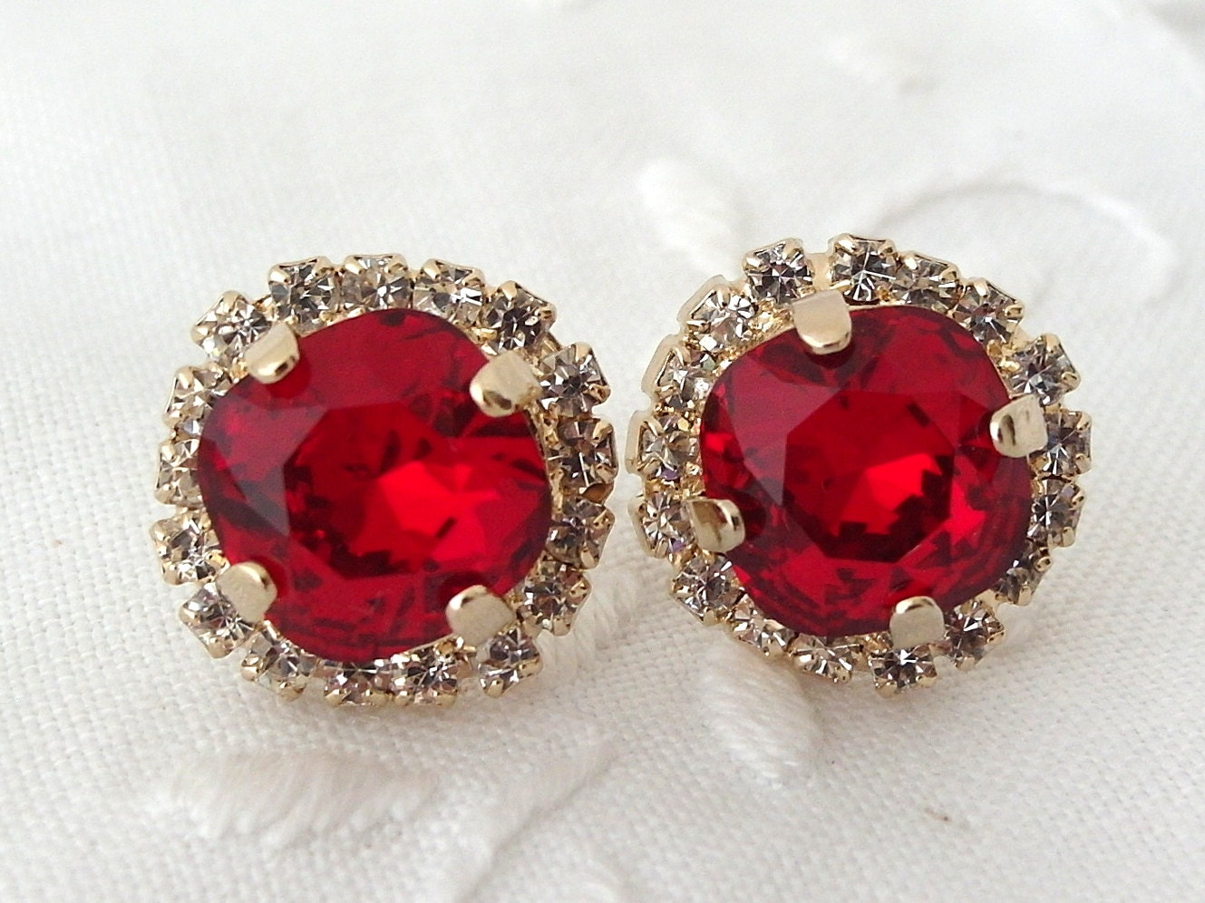 Deep Red Swarovski crystal stud earrings Red Rhinestone stud