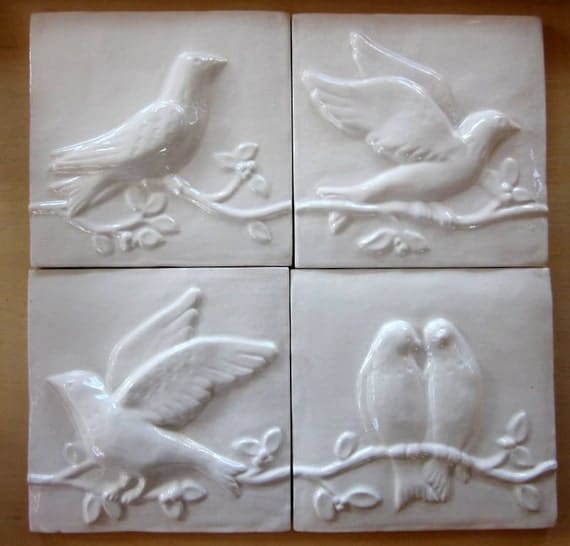 Ceramic Bird Tiles Bright White glaze Set of 4 Birds on a