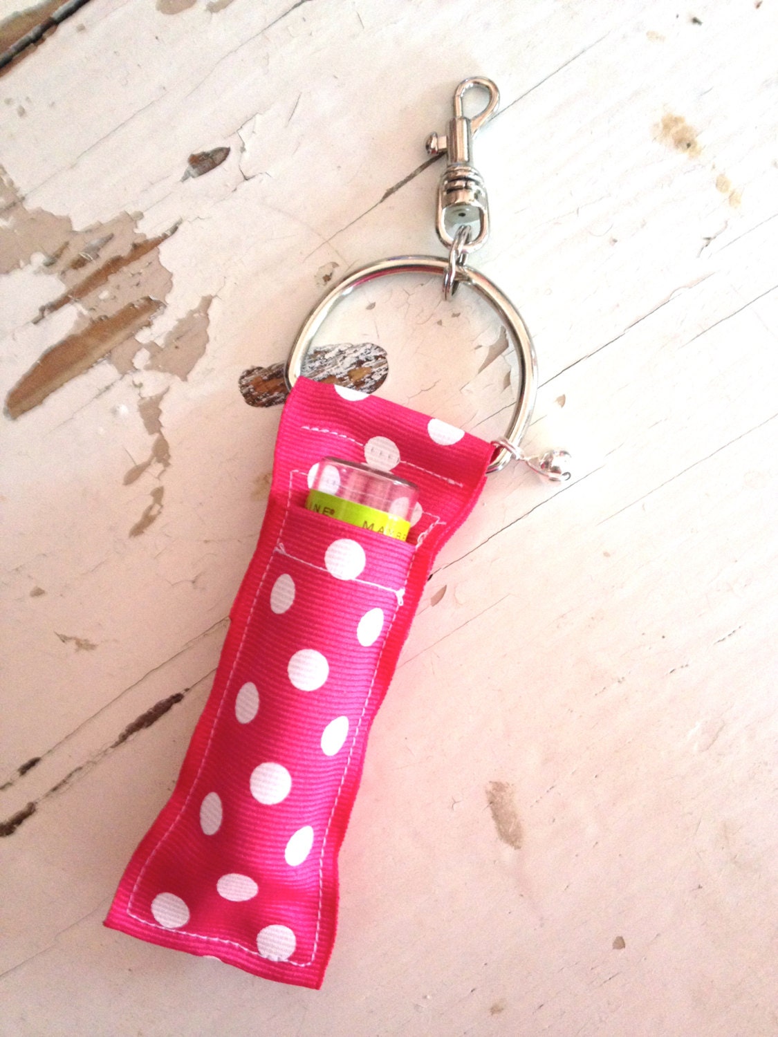 Chapstick Holder Keychain Pink Polka Dot