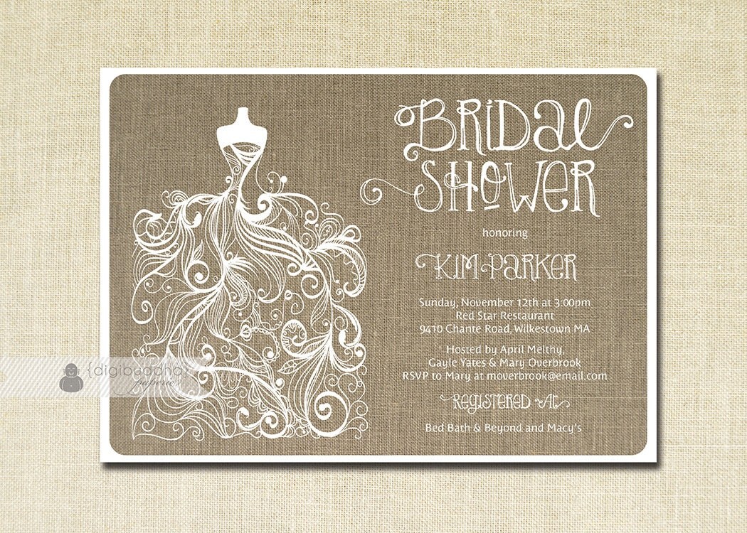 Linen Bridal Shower Invitation Gown White Tan Burlap Fabric