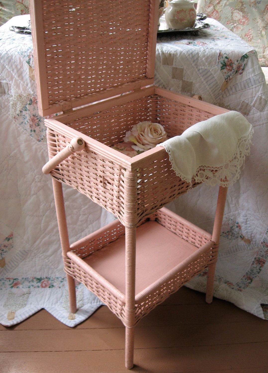 Antique Sewing basket Heywood Wakefield wicker Shabby Chic