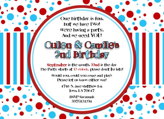 Dr Suess/Thing 1 & Thing 2 Inspired Printable Birthday Party or Baby Shower Invitation Il_570xn
