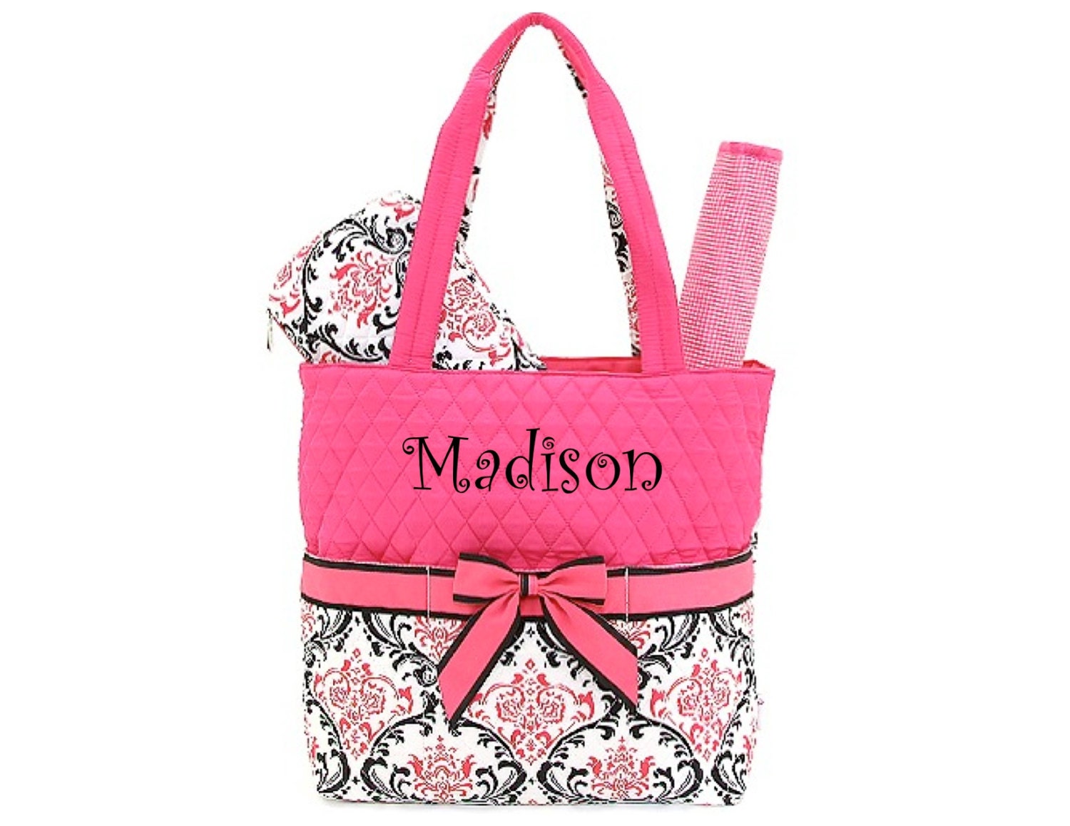 Monogrammed Black Pink Damask Diaper Bag Baby Girl Tote with
