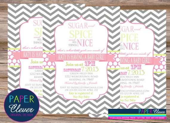 Girls baby shower invitations, sugar & spice, pink - digital file, printable #70 Il_570xn
