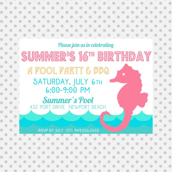 Seahorse Pool Party Birthday Invite - Seahorse Party Invitation - Nautical - Party Supplies Il_570xn