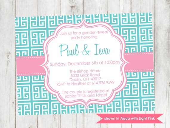 Printable Gender Reveal Invitation - Gender Reveal Themed Greek Keys Invite - Colors and Text Customizable Il_570xn