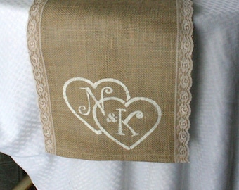 Burlap with lace monogrammed tables runners, country rustic, shabby chic, woodland cottage, & French country weddings