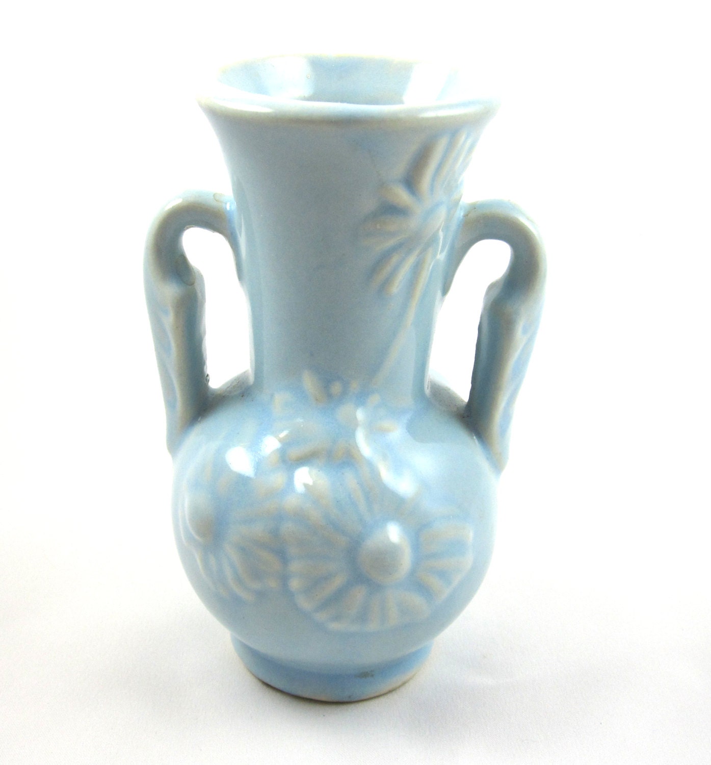 Blue USA Pottery Vase Embossed Floral Design
