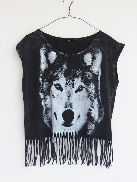 Items similar to wolf face Crop Top Tank Black Dyed T-Shirt Women Tops ...