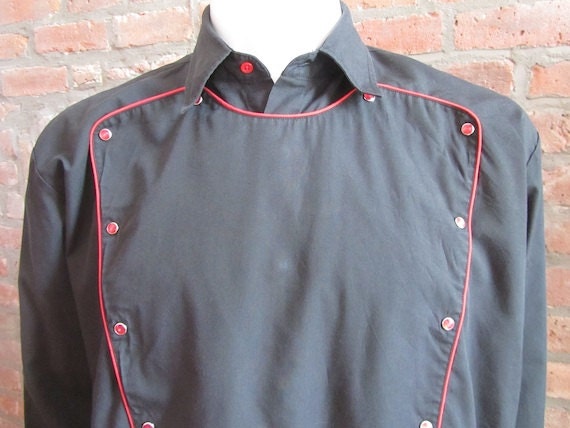 Mens XXL western shirt, Ely Diamond, vintage, black with red piping on bib front, red snaps (420)