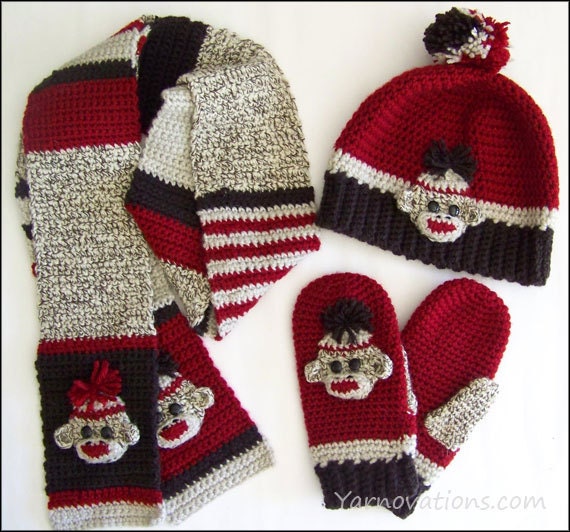 Sock Monkey Hat/Beanie Mittens Scarf Crochet Pattern