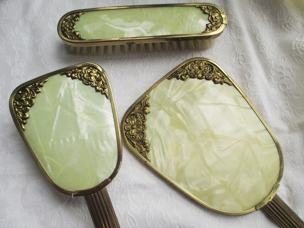Antique Vanity Set Germany Light Yellow by ShellysCottage on Etsy
