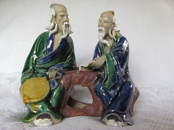 Items similar to Antique Chinese Mudmen Double Figurine Mudmen Majolica ...