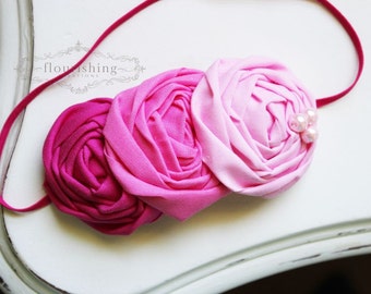 Ombre Pink Rosette headband, everyday headbands, hot pink rosette headbands, pink headbands, newborn headbands, photography prop