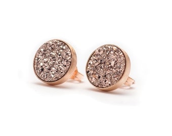 Rose Gold in Rose Gold Druzy Quartz Stud Earrings - Druzy Quartz Studs - Rose Gold Earrings - 10mm - Bezel Set Stud Earrings