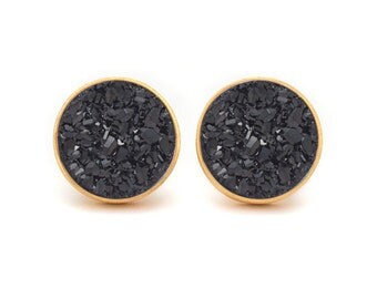Midnight Black Drusy Quartz Studs - Gold Drusy Quartz Studs - 24k Gold Vermeil Stud Earrings