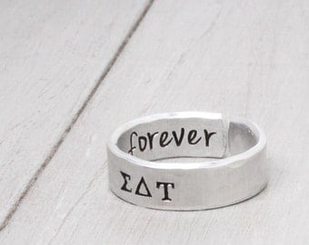 Sigma Delta Tau Ring, Hammered Sorority Ring,personalized jewelry, hand stamped ring, handstamped jewelry, Sorority Jewelry