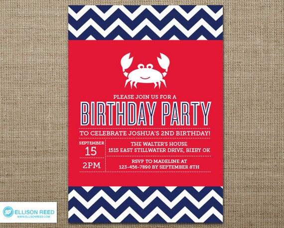 Crab Birthday Invitation - Nautical invitation - Beach Party Inviation - Chevron invitation - Crab Printable - First Birthday invitation Il_570xn