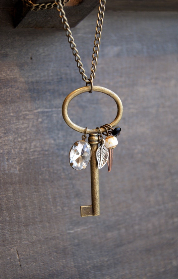 Large Skeleton Key Necklace Key Charm Necklace Turquoise