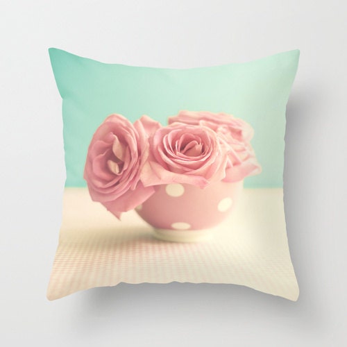 Pink Roses in a Polka Dots Bowl throw pillow