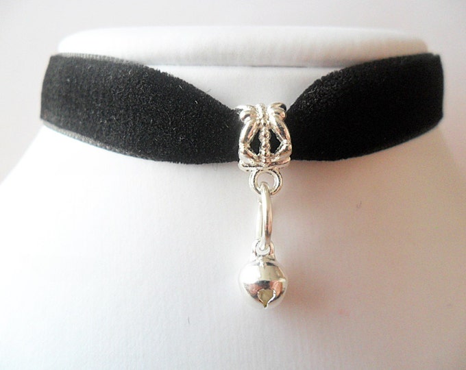 Black velvet choker necklace/ jingle bell choker with kitty bell charm and a width of 3/8” ribbon choker necklace /pick your neck size)