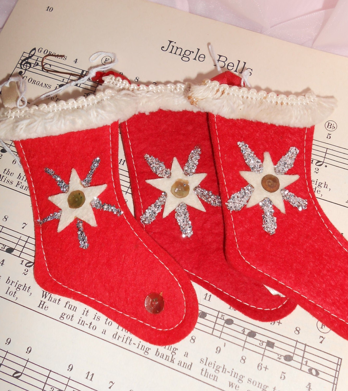 Antique Red Felt Christmas Stockings Vintage Ornaments
