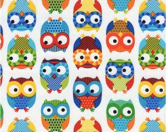 Bright Owl by Alice Kennedy White Half Yard Cut, Timeless Treasures, Owl Fabric