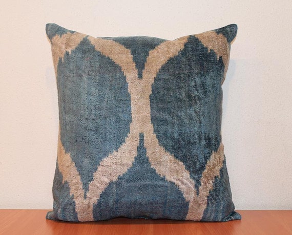 Velvet Ikat Pillow - Handwoven Blue Beige Decorative Pillow For Couch 15 x 16 Free Shipment Delivered within 1-3 Days by FEDEX