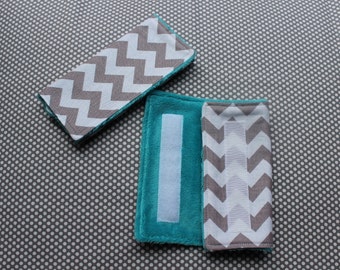 Car Seat Strap Covers: Grey Chevron with Blues/Greens