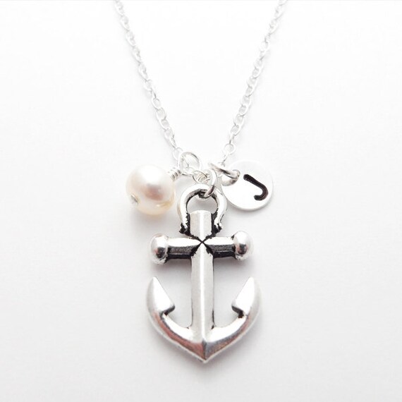 Items similar to Silver Anchor Necklace Personalized Necklace & Pearl