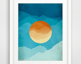 Mid Century Art Print, Modern Wall Art, Gift for Men, Mountain Art, Abstract Landscape, Mid Century Modern, Minimalist Poster, Blue, Orange