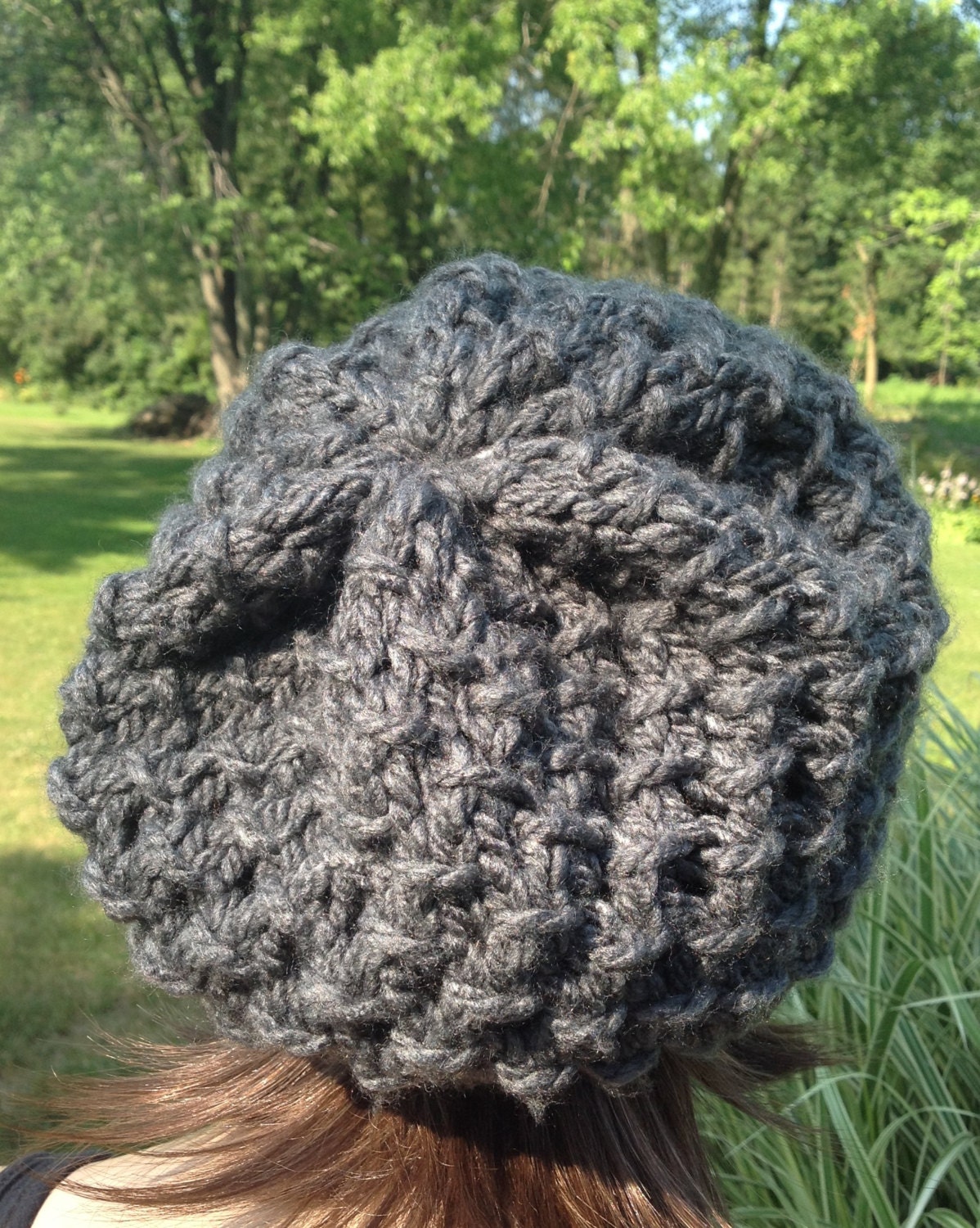 Slouchy Beanie Winter Hat Wood Buttons Charcoal Gray Grey Lacy