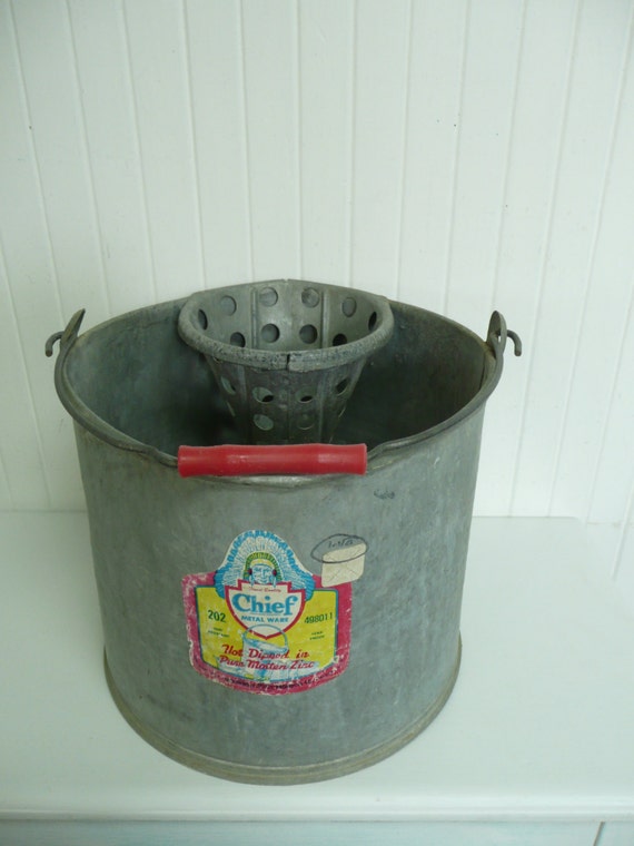 Vintage Mop Bucket Pail Galvanized Metal Complete with Mop